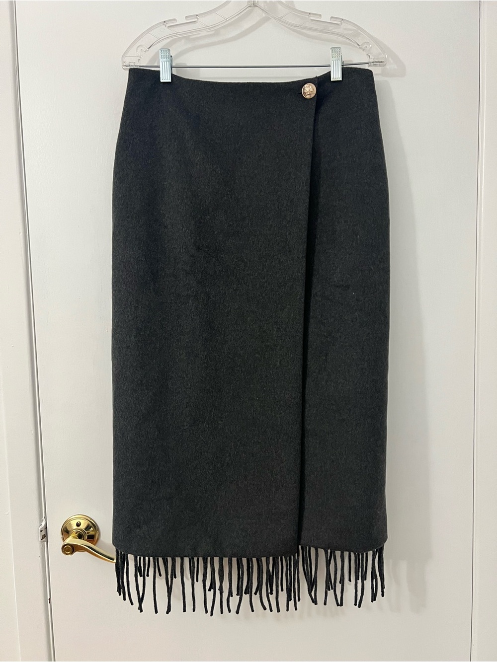 Ann Taylor Fringe Wool Blend Wrap Dark Gray Midi Skirt Size 10 NWT